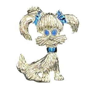 Vintage Gerry's Yorkie Dog Brooch
Silver Tone Blue Rhinestones Enamel
Puppy Pin